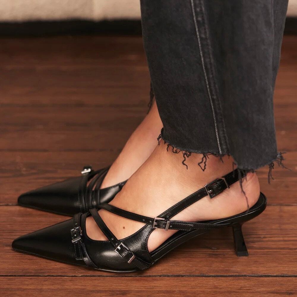 Black Pointed Slingback Heels with Straps - Picture 9 of 16